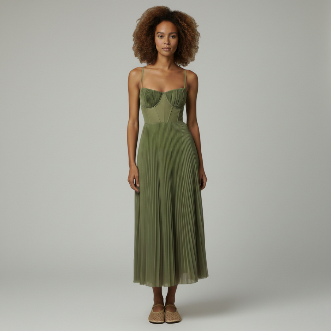 ELISE Green Pleated Midi Dress