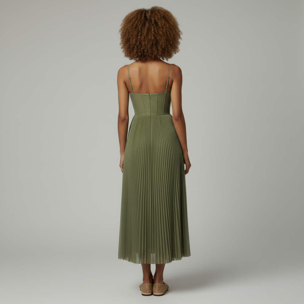 ELISE Green Pleated Midi Dress