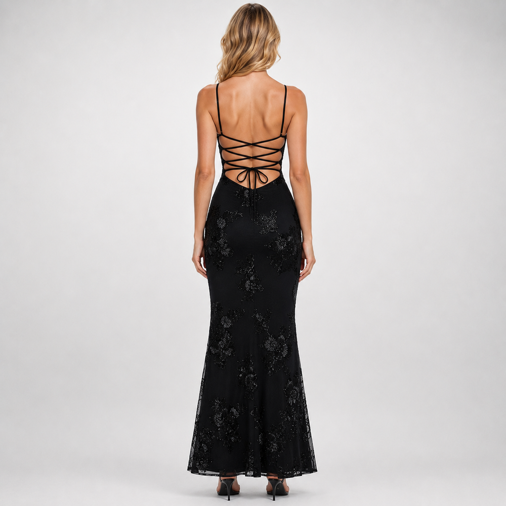 GENEVIEVE Embroidered Backless Maxi Dress