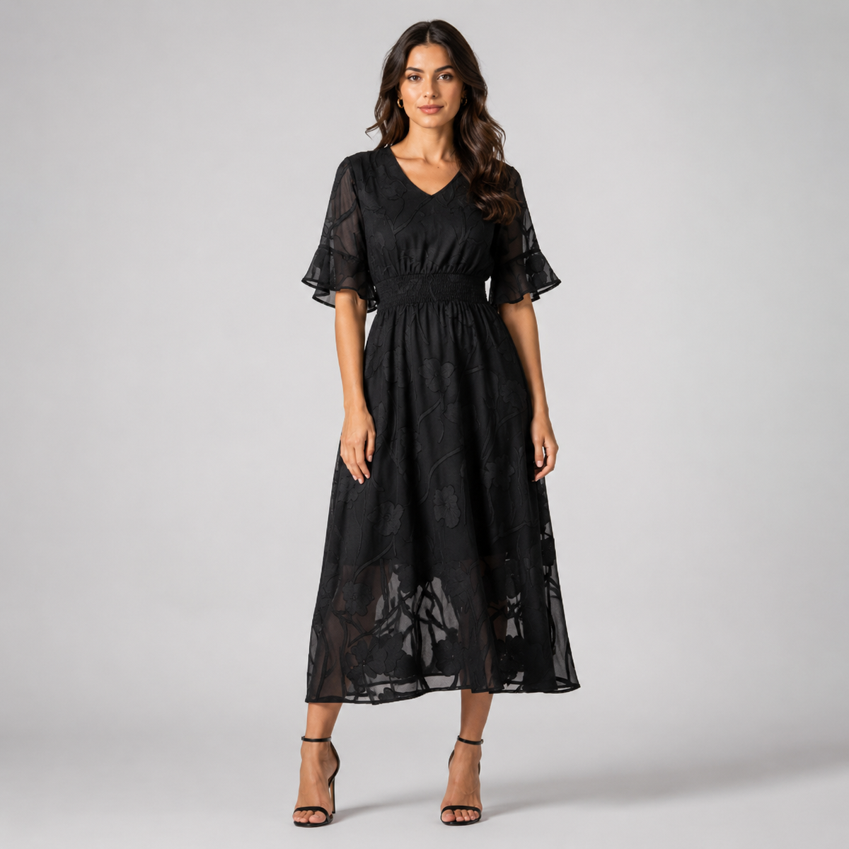 KIRIA Pleated Lace Midi Dress