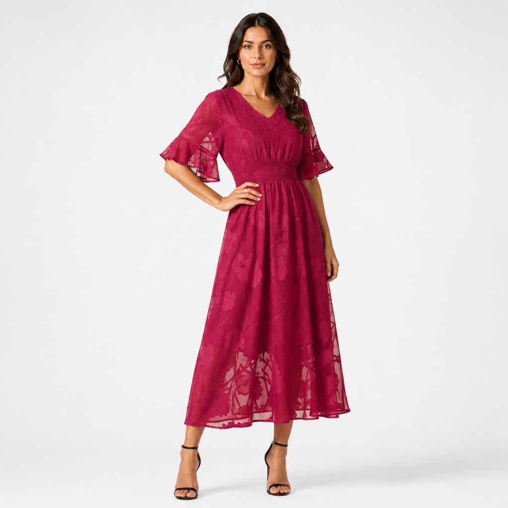 KIRIA Pleated Lace Midi Dress