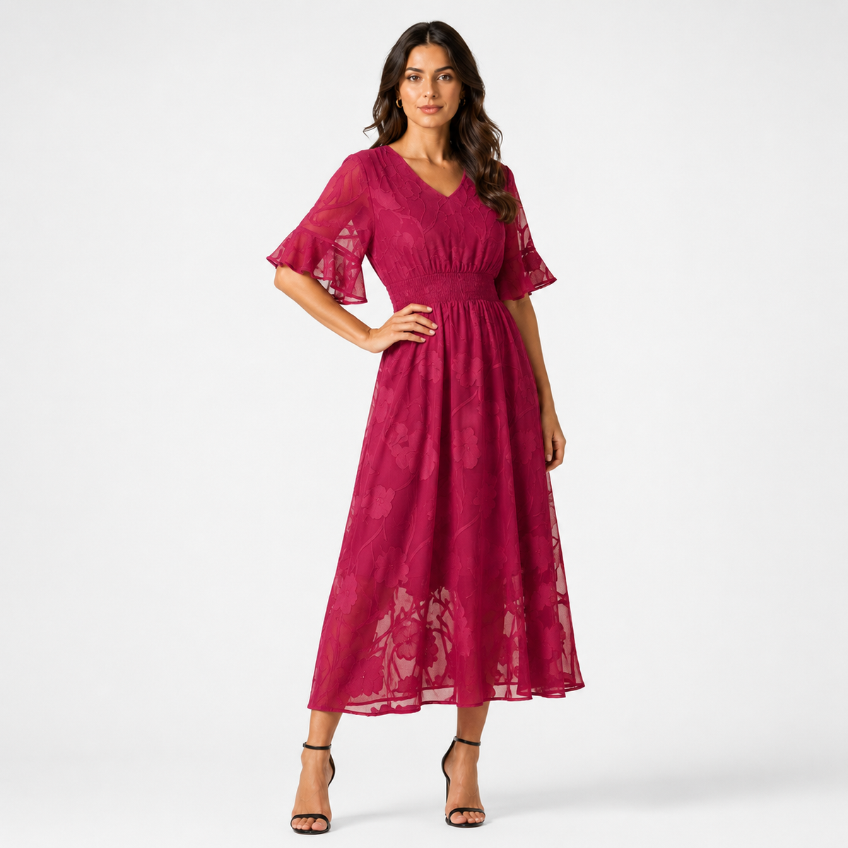 KIRIA Pleated Lace Midi Dress