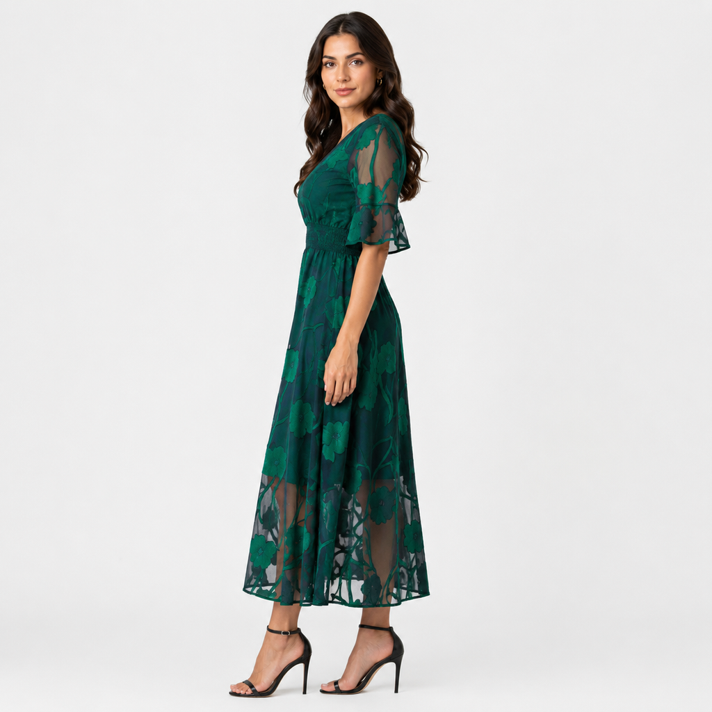 KIRIA Pleated Lace Midi Dress