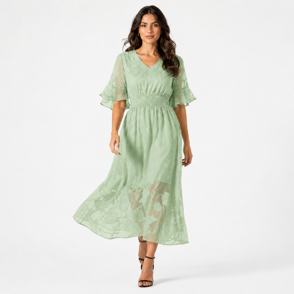 KIRIA Pleated Lace Midi Dress