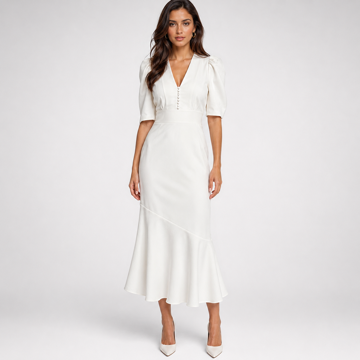 Women's White Dress Midi Length V Neck A Line Dress – Nivalho Studio