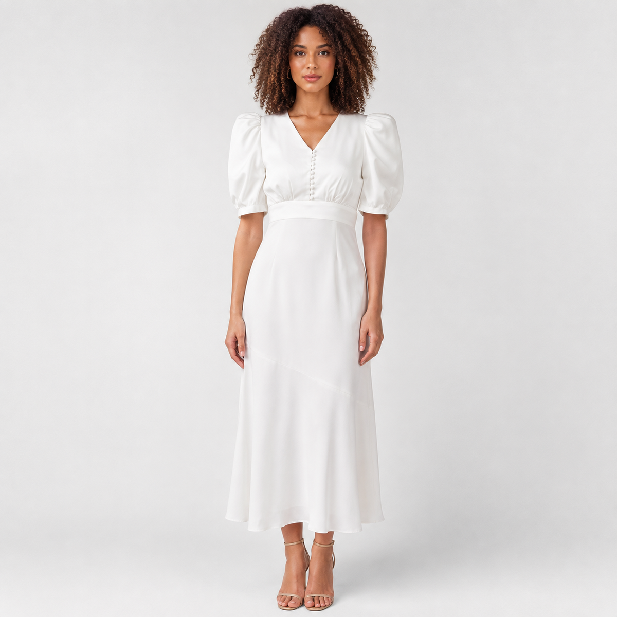 Women's White Dress Midi Length V Neck A Line Dress – Nivalho Studio