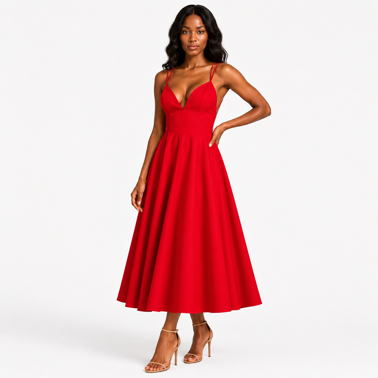 Women's Elegant V-Neck Sleeveless A-Line Midi Dress Flattering Fit – Nivalho Studio