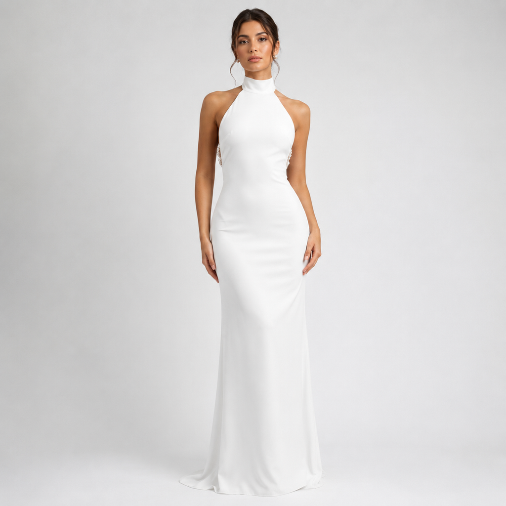 REGINA Backless Pearl-Chain Maxi Dress