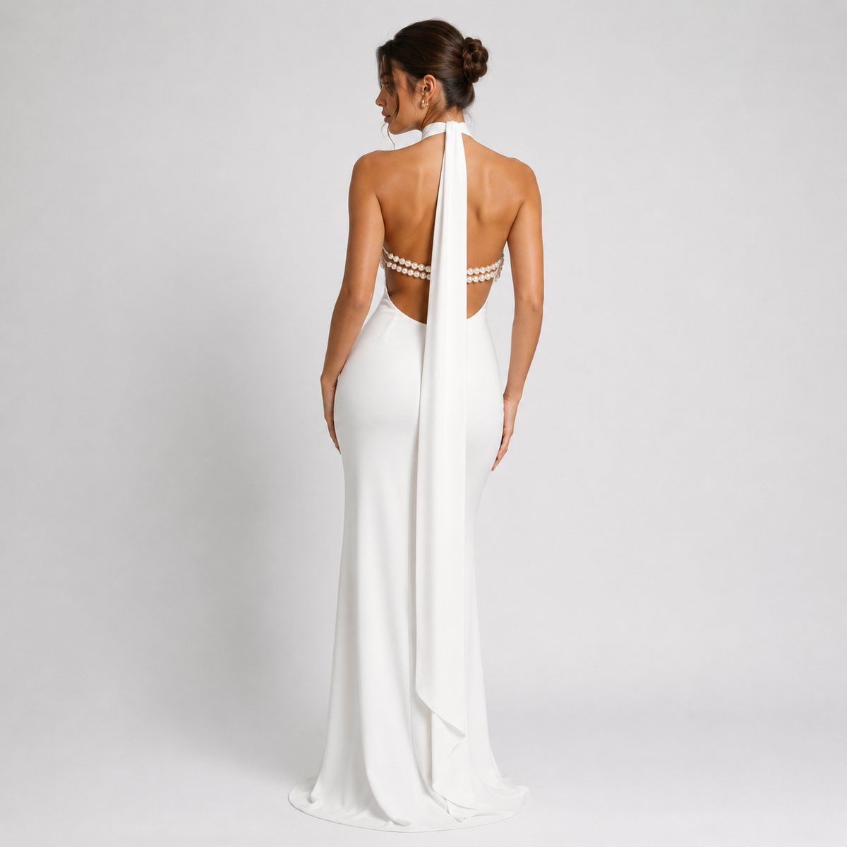 Women's White Halter Neck Dress Pearl Chain Backless Maxi – Nivalho Studio