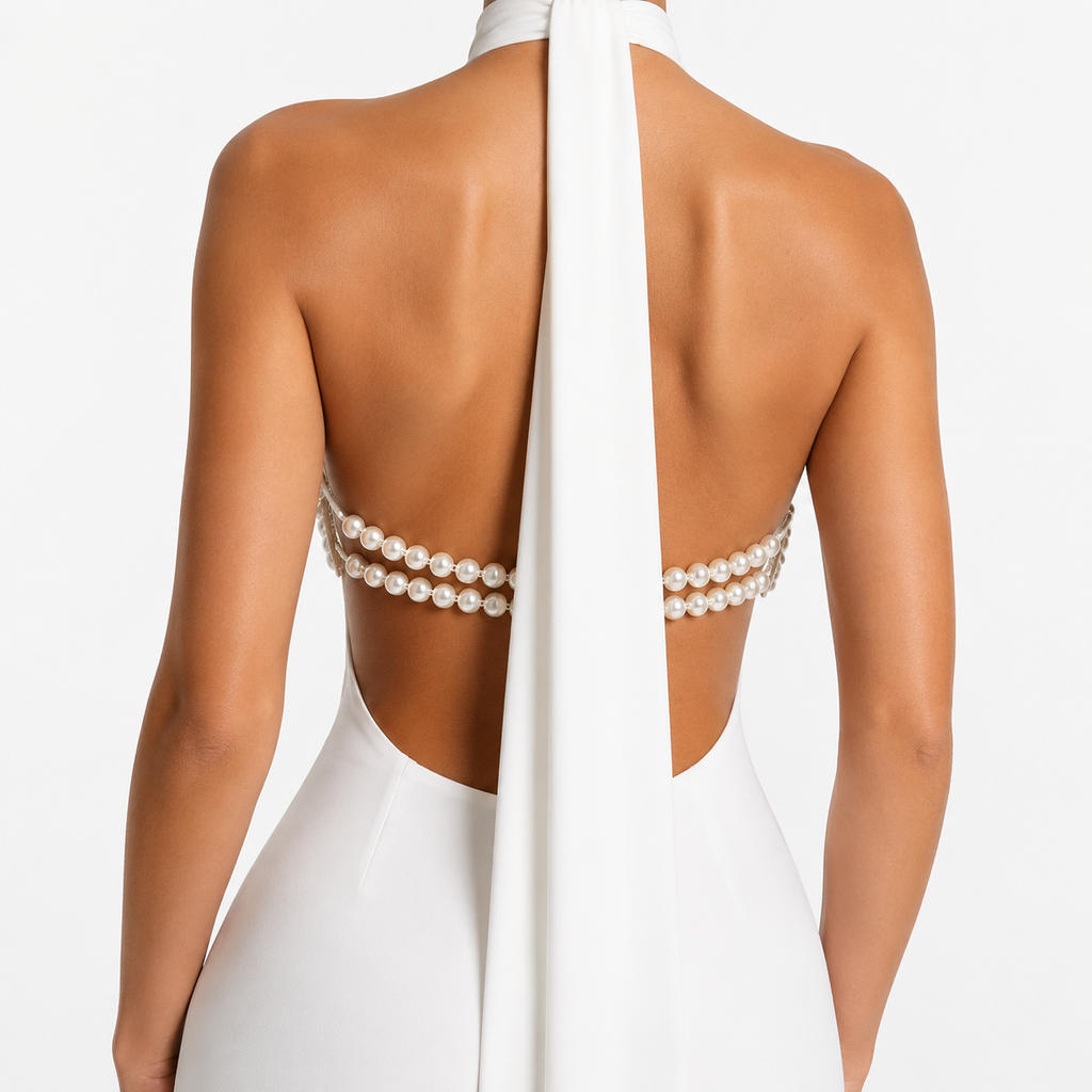 REGINA Backless Pearl-Chain Maxi Dress