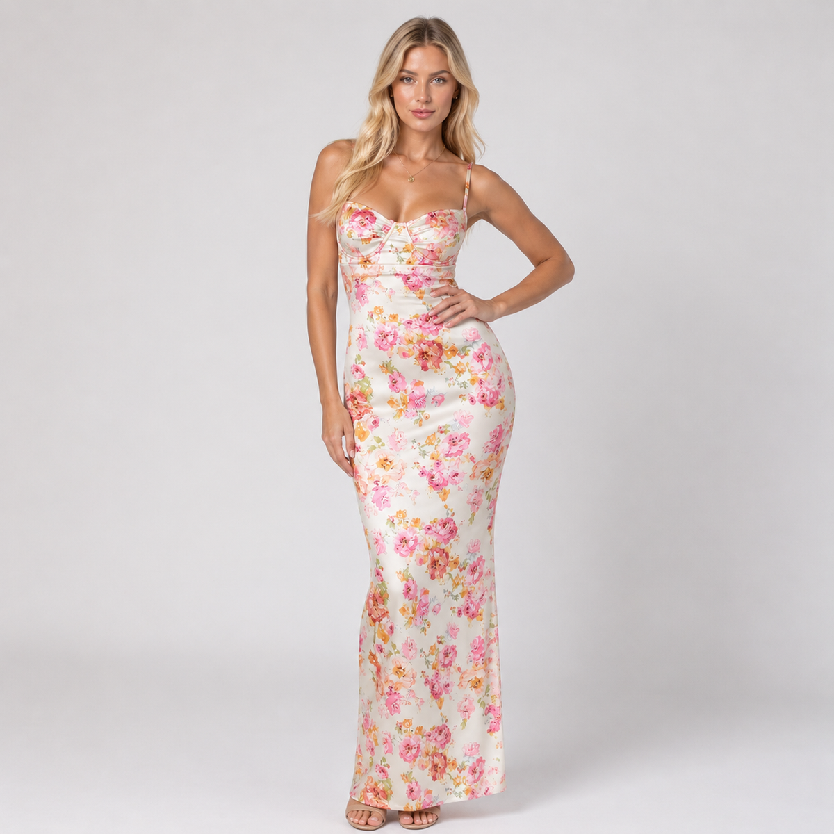 Women's Floral Maxi Dress Wedding Guest Bodycon Dress – Nivalho Studio