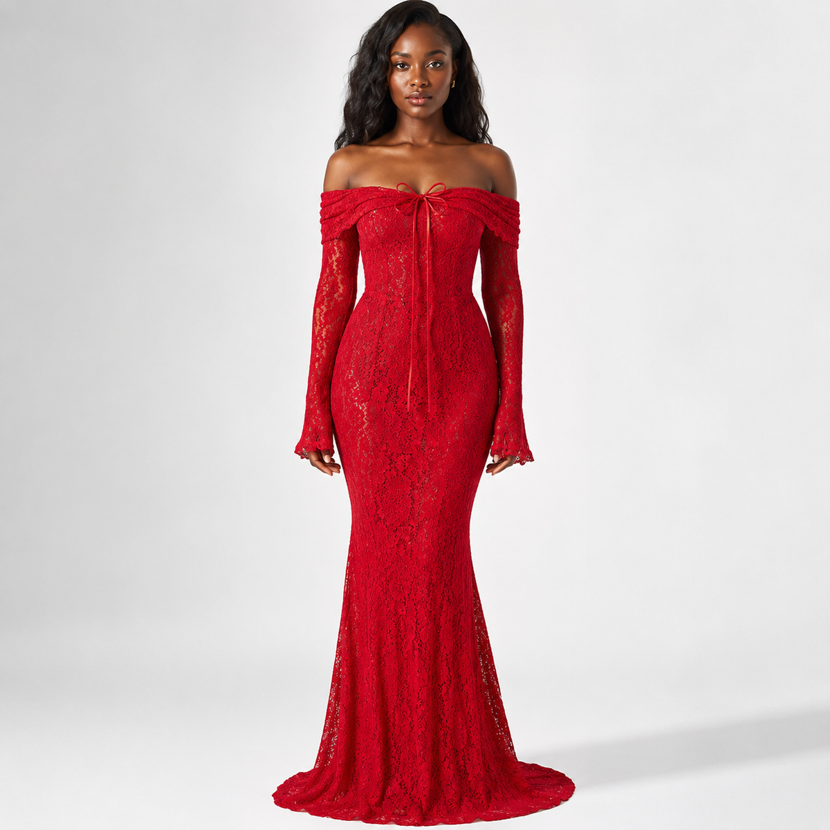 Women's Red Long Sleeve Dress Wedding Guest – Nivalho Studio