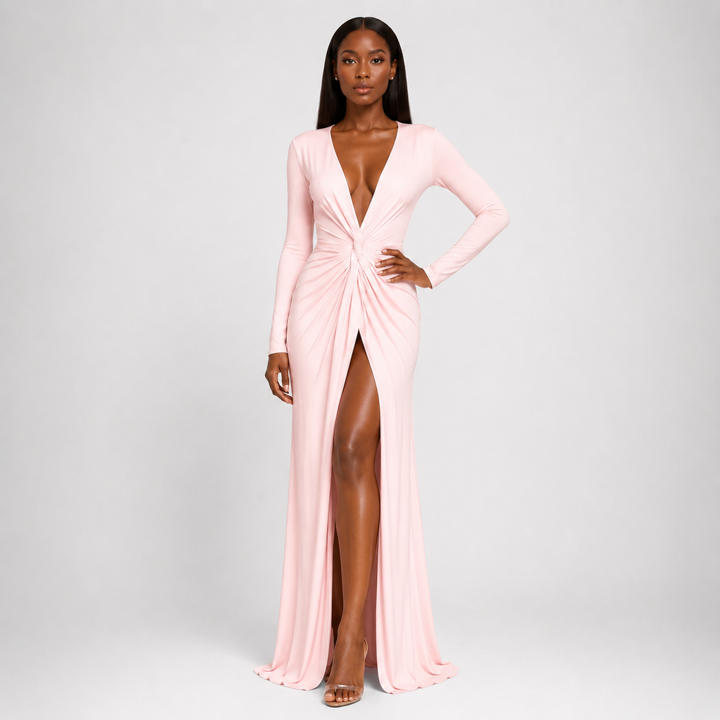 ROSEMONDE Pleated V-Neck Maxi Dress