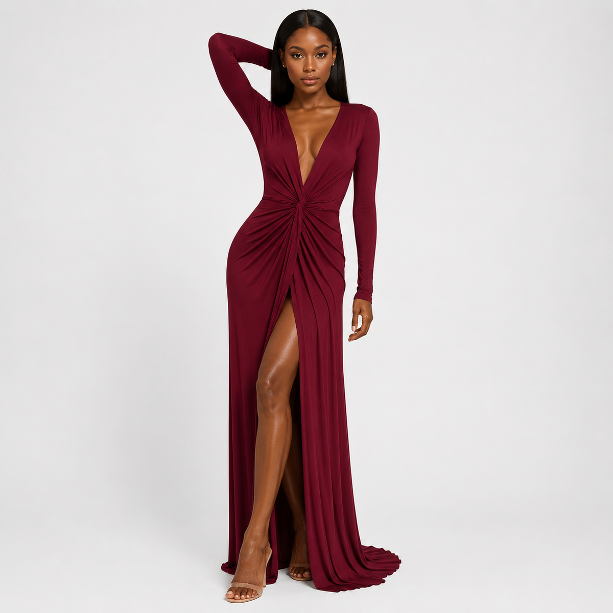 ROSEMONDE Pleated V-Neck Maxi Dress