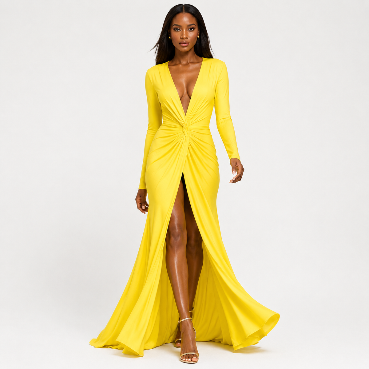 ROSEMONDE Pleated V-Neck Maxi Dress