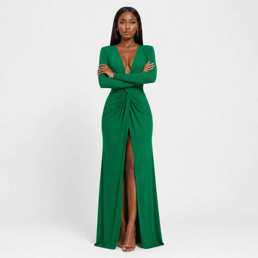 ROSEMONDE Pleated V-Neck Maxi Dress