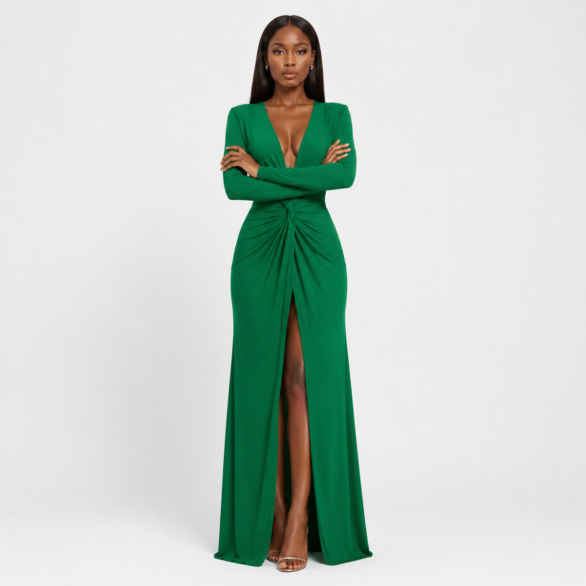 ROSEMONDE Pleated V-Neck Maxi Dress
