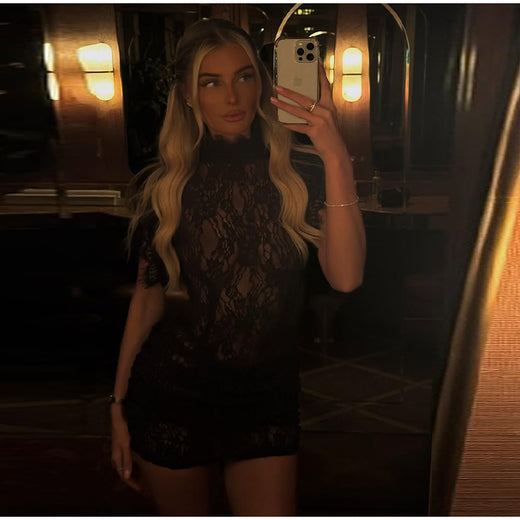 Customer wearing MARGAUX Lace High-Neck Mini Dress