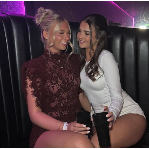 Customer wearing MARGAUX Lace High-Neck Mini Dress