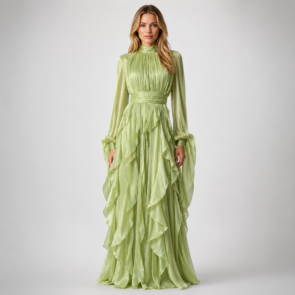 SABRINA Pleated High-Neck Maxi Dress