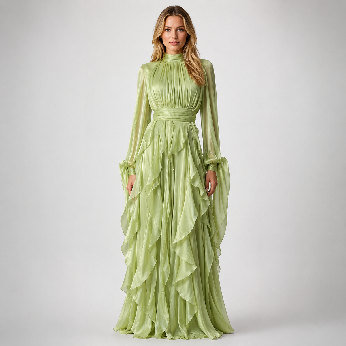 SABRINA Pleated High-Neck Maxi Dress