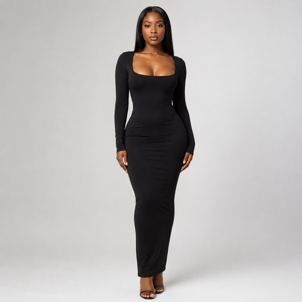 VALENNA Bodycon Square Neck Maxi Dress