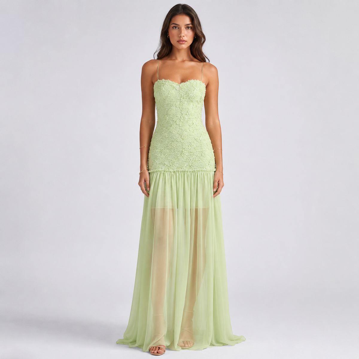 VIORELLE Pleated Lace Maxi Dress