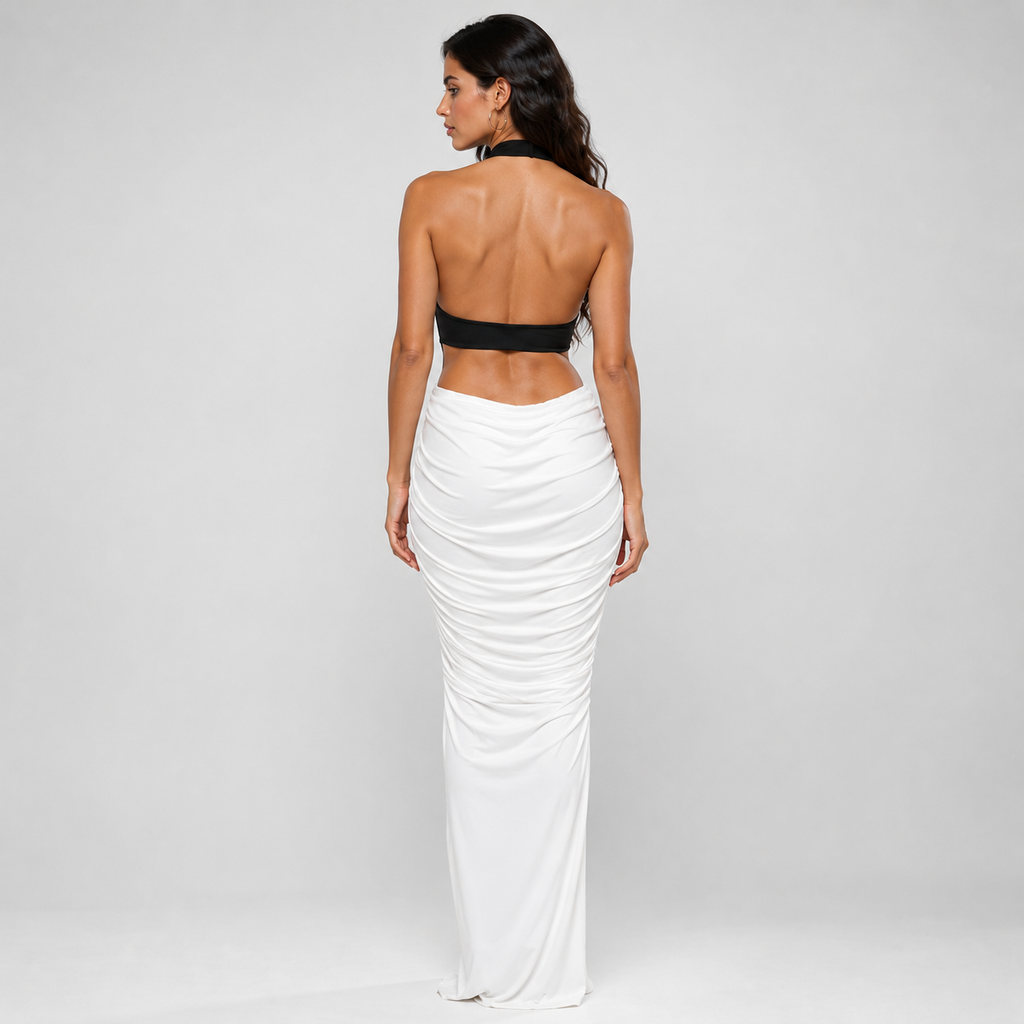VIRELLE Ruched Backless Maxi Dress
