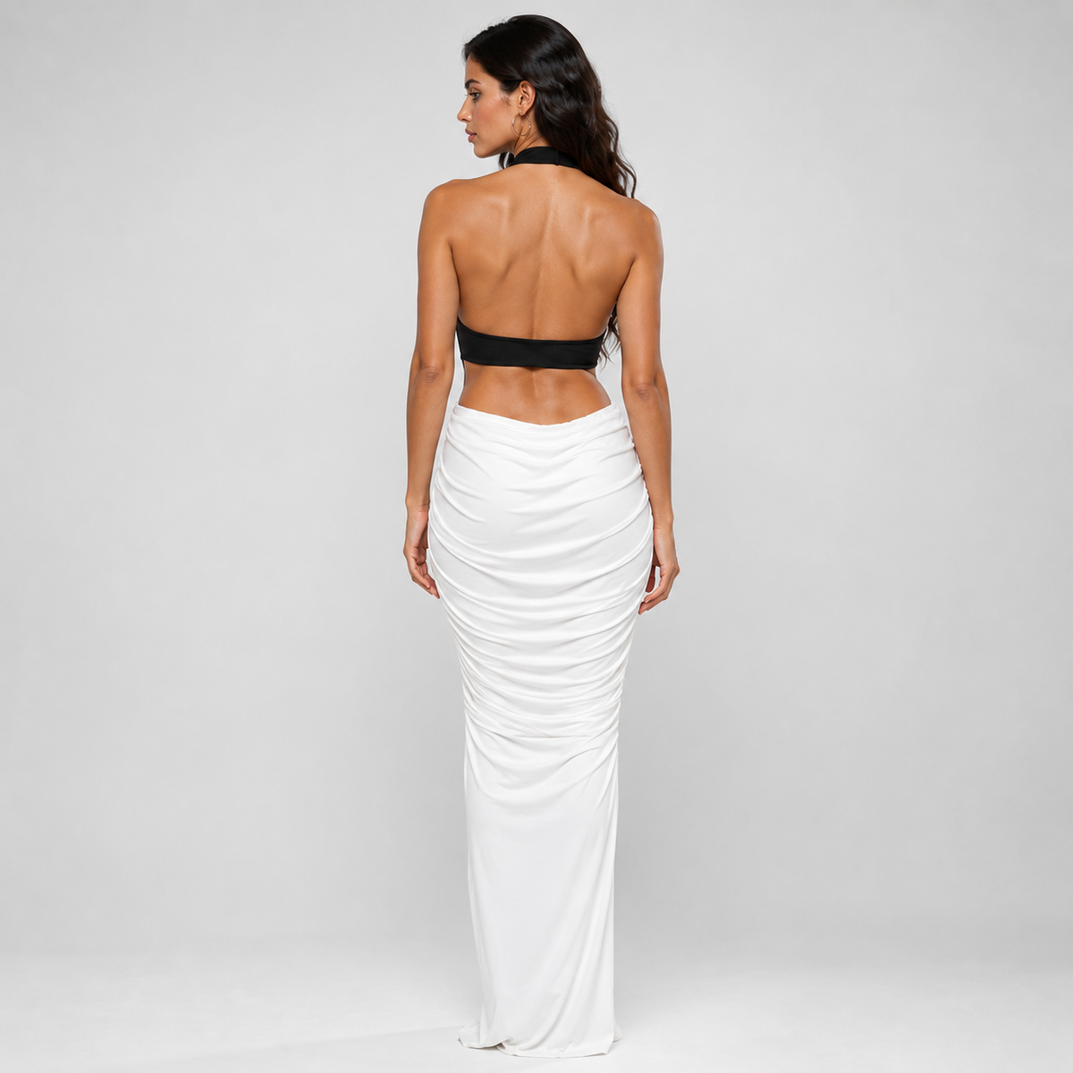 VIRELLE Ruched Backless Maxi Dress
