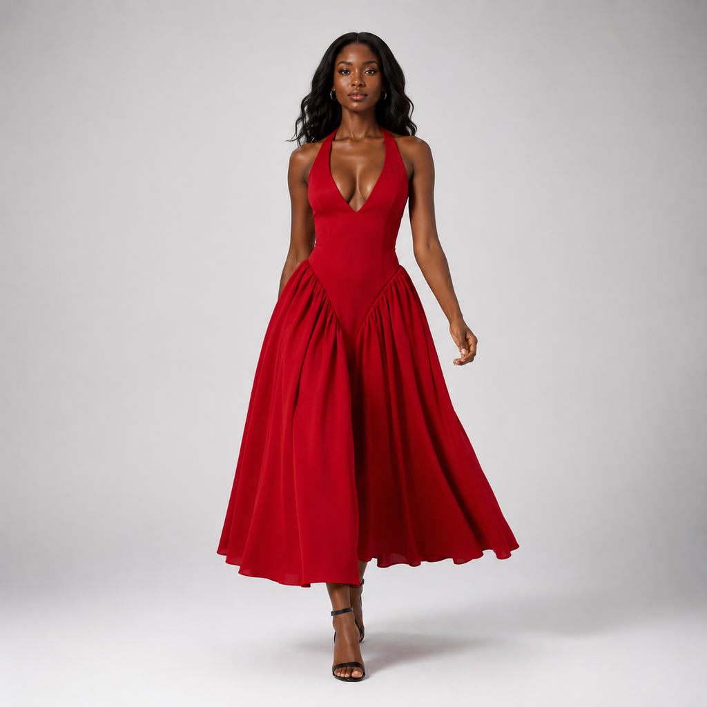 VIVICA Backless Halter Midi Dress