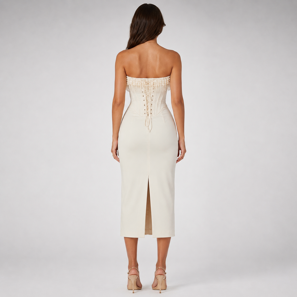 ZAIRA Strapless Satin Midi Dress